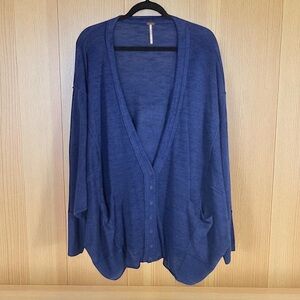Free People Blue Oversized Linen Blend Sweater Deep V-Neck Slouchy Medium